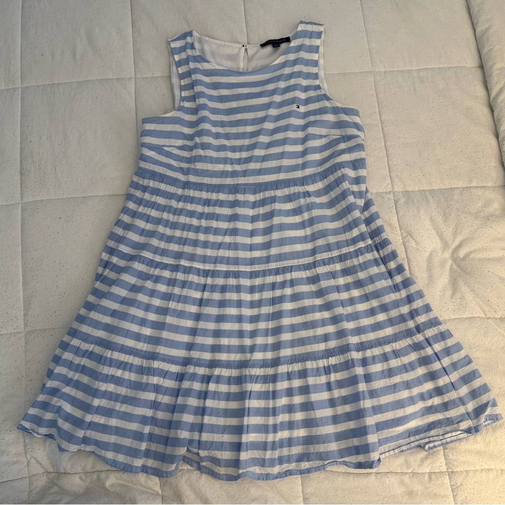 Tommy Hilfiger Light Blue & White Striped Sleeveless Tiered Dress